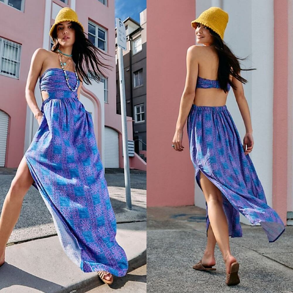 Free People Vibrant Blue and Purple Strapless Midi Dress